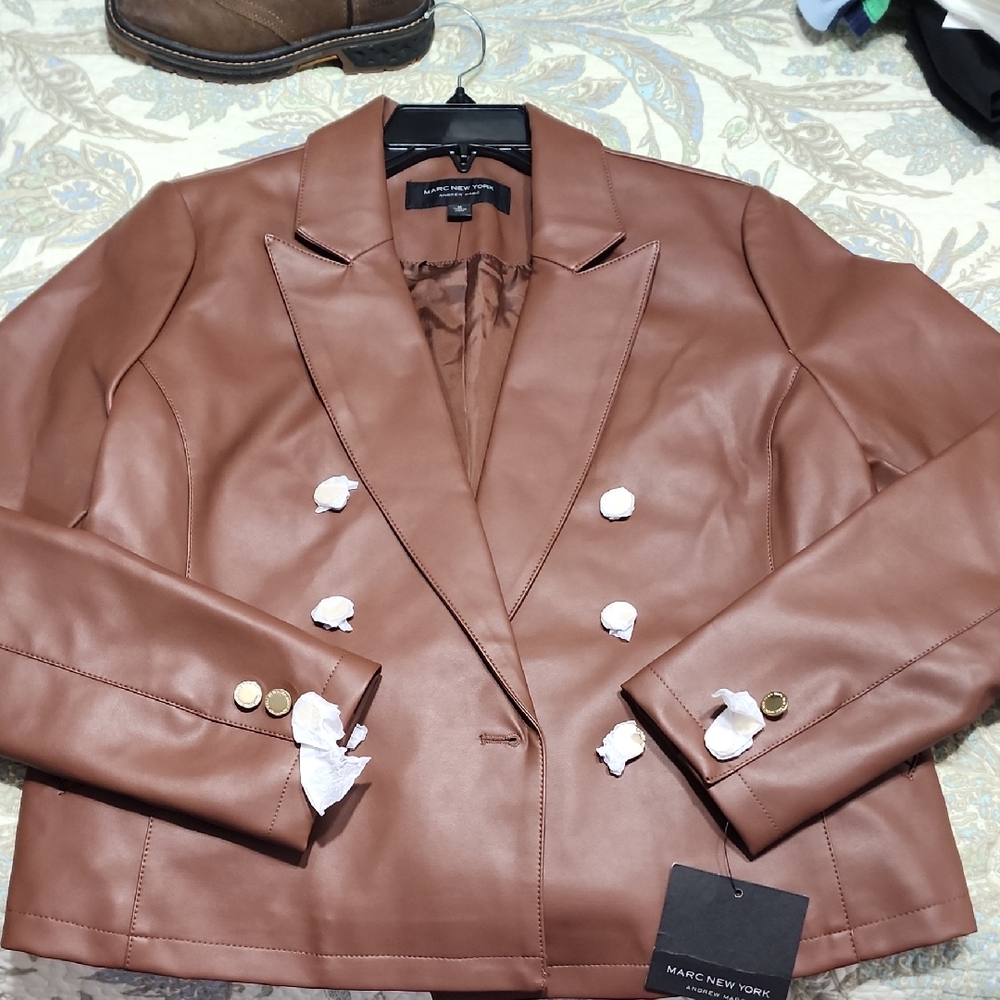 Marc New York Brown Faux Leather Double-Breasted Blazer Jacket